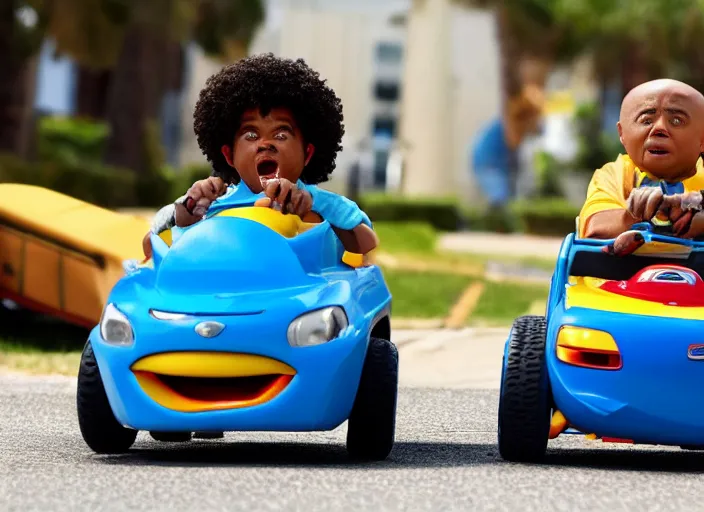 Image similar to peter dinklage racing emmanuel lewis driving a little tikes cars, movie still, from the new fast and furious movie, 8 k, realistic