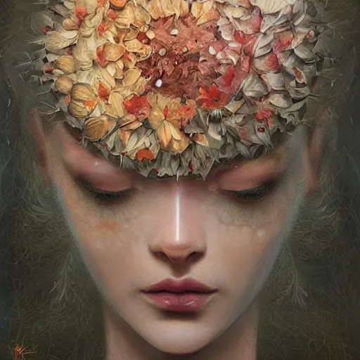 Image similar to The painting is a beautiful and haunting work of art of a series of images that capture the delicate beauty of a flower in the process of dying. The colors are muted and the overall effect is one of great sadness. clockpunk by Karol Bak, by Goro Fujita Trending on artstation