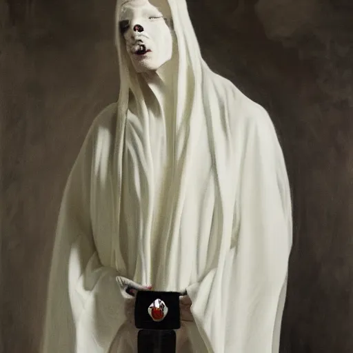 Image similar to fantasy painting of a pale man dressed in robes with a black blade, painted by Zdzlaw Bekinski and Bayard Wu, ultra detailed, 8k