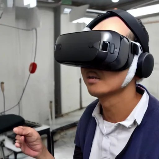 Prompt: chinese factory worker plays vr for the first time