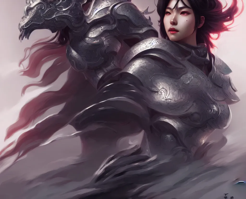 Image similar to portrait hero action pose of futuristicfemale knights of zodiac, dark grey hair, abstract chinese dragon concept art, d & d, highly detailed, digital painting, artstation, sharp focus, illustration, art by tan zi and ayanamikodon and alphonse mucha and wlop