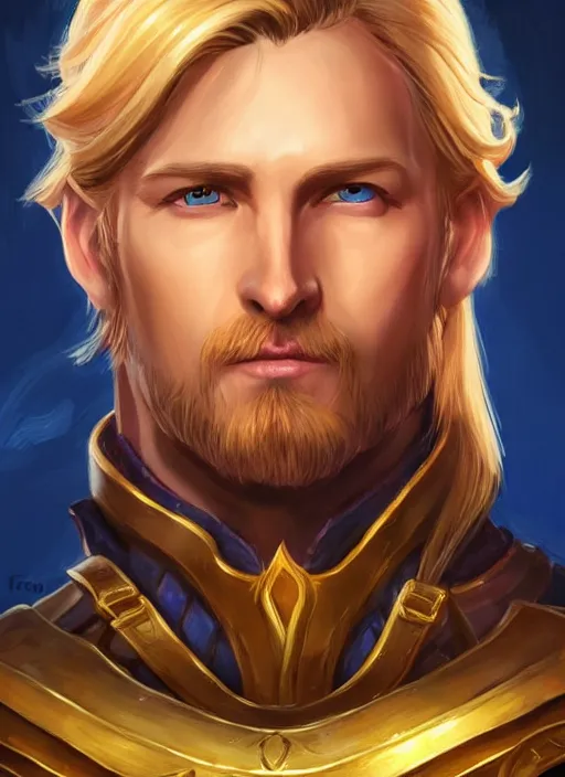 Image similar to portrait of anduin wrynn from wow, in julie shuploc damgaard style, artstation, very beautiful detailed symmetrical face, blonde hair, bright colors, diffuse light, fantasy illustration