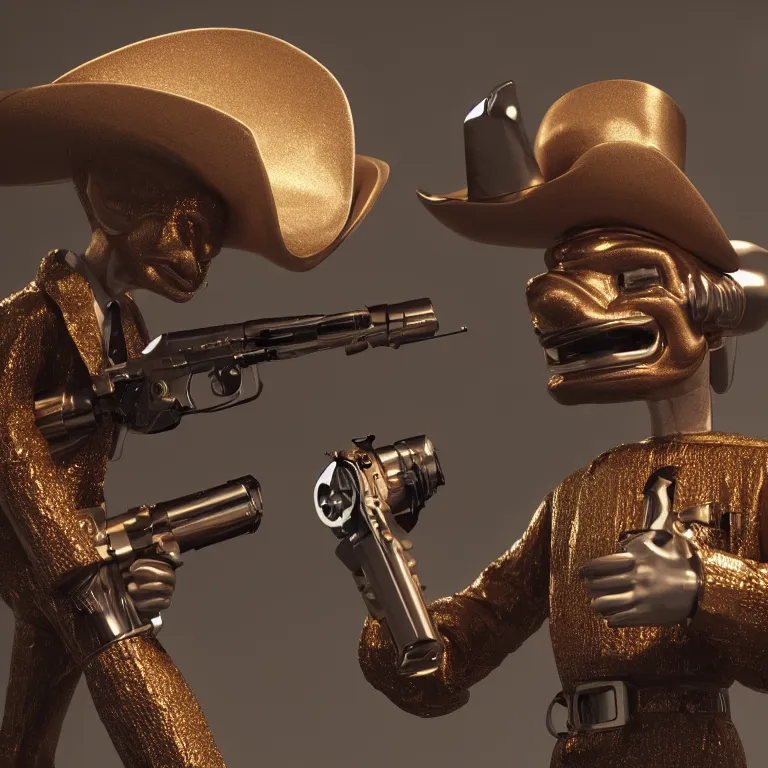 Image similar to octane render portrait by wayne barlow and carlo crivelli and glenn fabry, a man wearing a giant foam cowboy mascot costume holding a giant reflective shiny chrome revolver with smoke coming out of the barrel, cinema 4 d, ray traced lighting, very short depth of field, bokeh