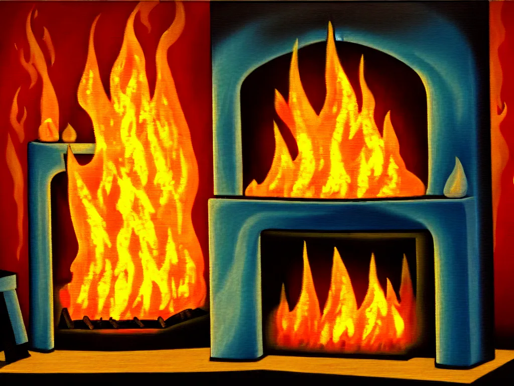 Image similar to oil painting of a fireplace with an ice sculpture inside it, dancing flames, and pictures hanging on the wall next to it, imagined reality with abstraction, absorb comical, minimal shading, hard outlines, light and medium values