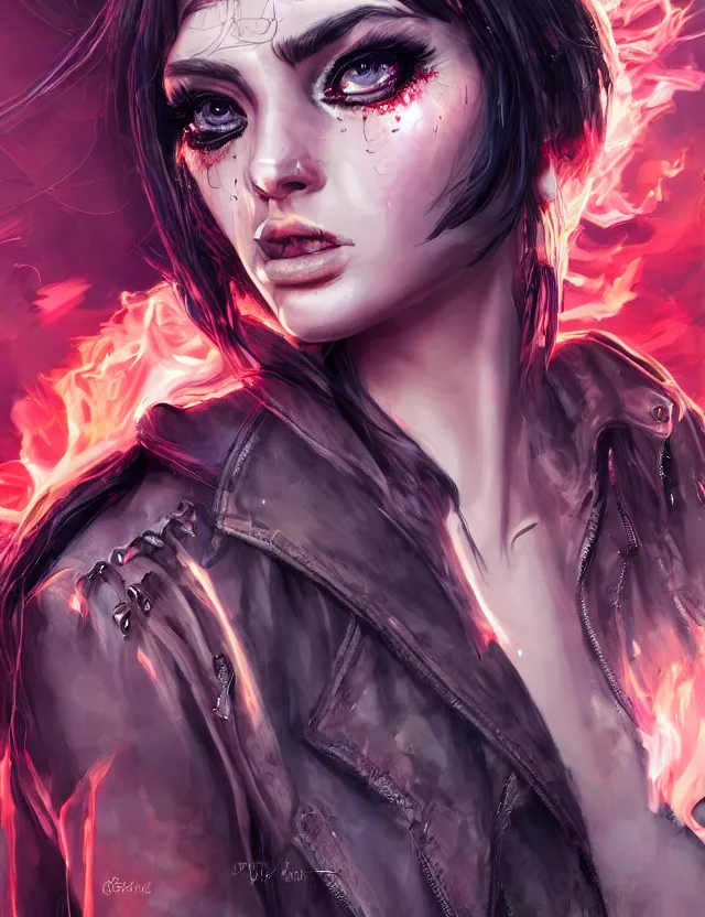 Image similar to digital illustration of a girl with eyes that burn like cigarettes wearing a short skirt and a long jacket with fingernails that shine like justice, dramatic lighting, photorealistic, extreme detail, 4 k, colorful, artgerm