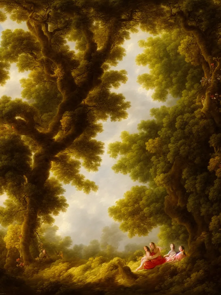 Prompt: painting of the secret lovers kissing against a tree, shaded forest, volumetric light, afternoon, light wind, wild flowers, chiaroscuro, john longstaff, jean - honore fragonard, francois boucher, anna dittmann, 4 k, 4 k