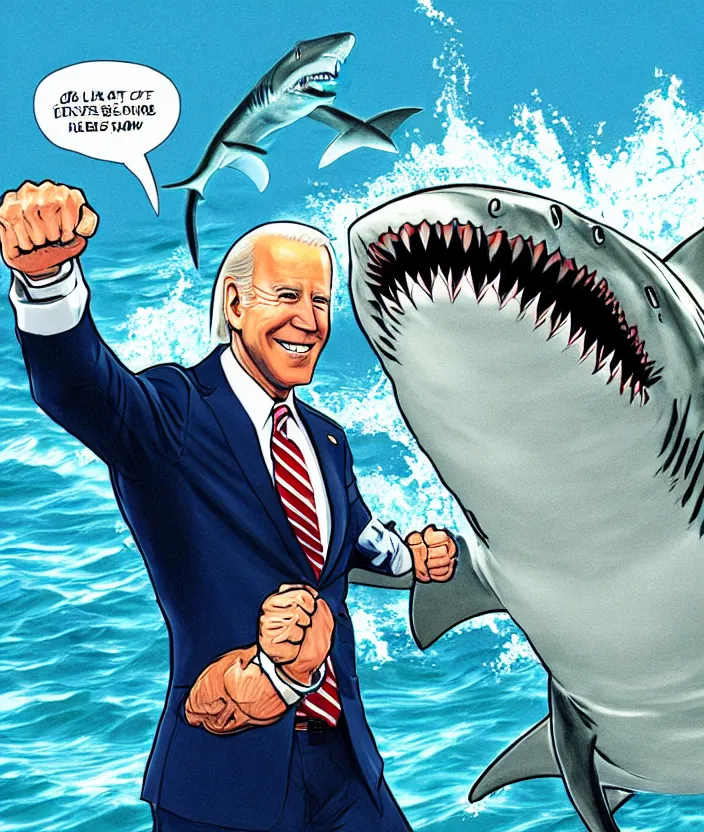 Prompt: joe biden fist fighting a shark franklin booth