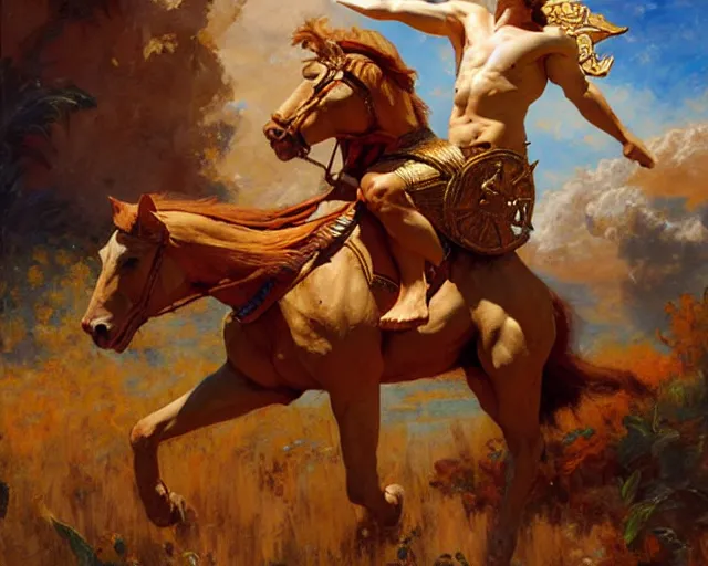 Image similar to attractive apollo greek god, riding his fire chariot. highly detailed painting by gaston bussiere, craig mullins, j. c. leyendecker 8 k