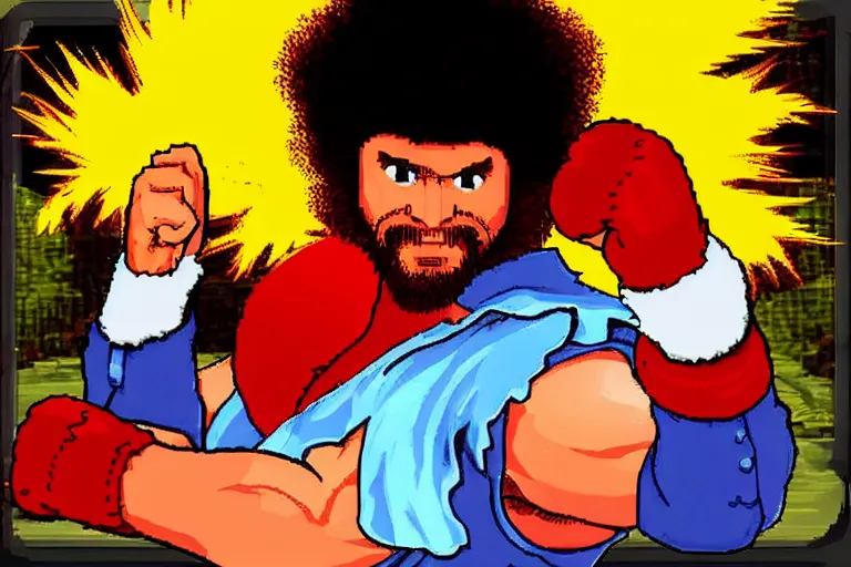 Prompt: bob ross as a character in street fighter arcade game