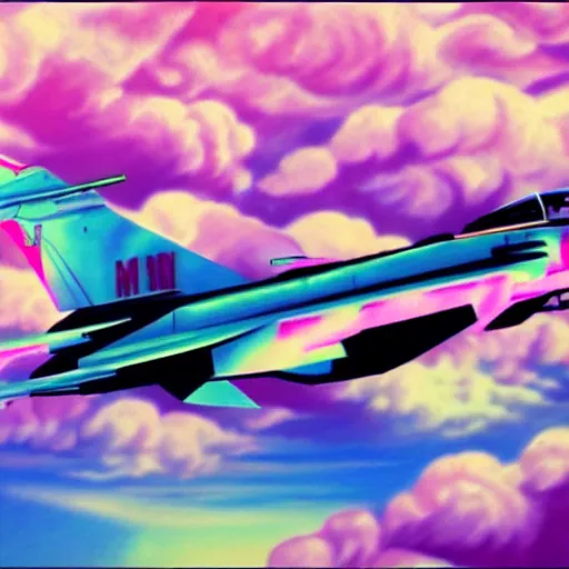 Image similar to mig - 2 5 flying above vaporwave clouds, vaporwave art