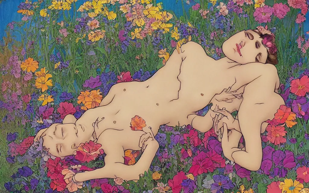 Image similar to daydream i dream of you amid the flowers for a couple of hours, such a beautiful day i dream a dirty dream of you baby you're crawling on the bathroom floor, in the style of lisa frank and alfons mucha