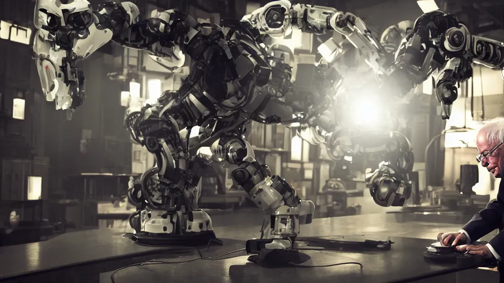 Image similar to ( bernie sanders ) putting the finishing touches on a ( cute ) ( clockwork ) doomsday robot, cinematic moody lighting, sharp focus, imax