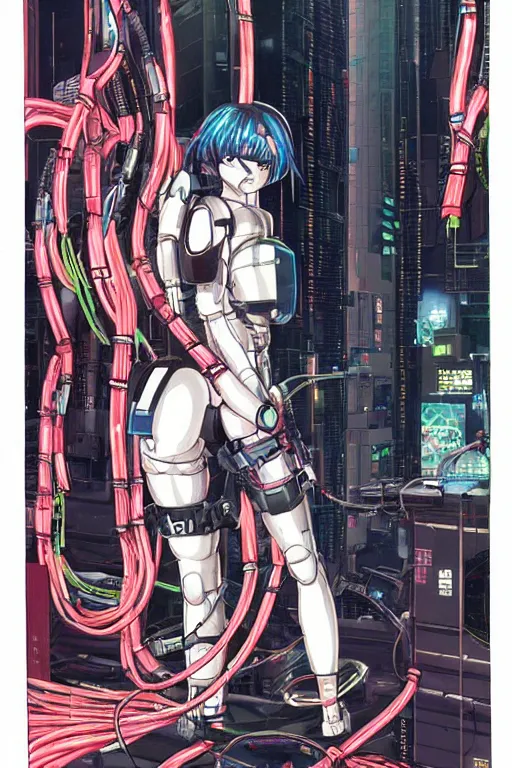 Image similar to awe inspiring cyberpunk anime style illustration of a. female android seated on the floor in a tech labor, seen from the side with her back open showing a cables and wires coming out, by masamune shirow and katsuhiro otomo, japan, 1980s, dark, colorful