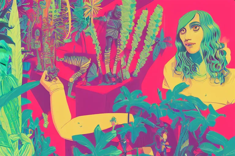 Image similar to gigantic girl faces, tiny robots, a lot of exotic vegetation around, risograph!, colorful flat surreal design, super - detailed, a lot of tiny details, fullshot, by luigi serafini