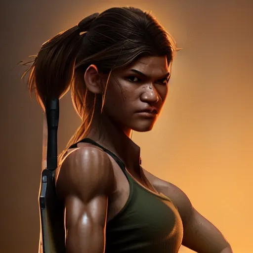 Image similar to a potrait of Zendaya as Lara Croft Tomb Raider by Greg Rutkowski, Sung Choi, Mitchell Mohrhauser, Maciej Kuciara, Johnson Ting, Maxim Verehin, Peter Konig, 8k photorealistic, cinematic lighting, HD, high details, dramatic, trending on artstation, full body shot