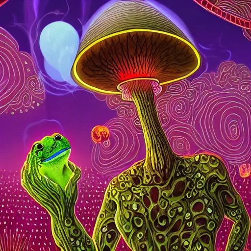 Image similar to A centered chest up portrait of a psychedelic lovecraftian godlike anthropomorphic frog smoking a hand-rolled cigarette smoking heavily , magic mushroom village in background . award winning. superb resolution. in the art style of junji Ito and greg rutkowski . Detailed Mushroom city in background. Hyper realistic anime. Perfect art. Dalle2