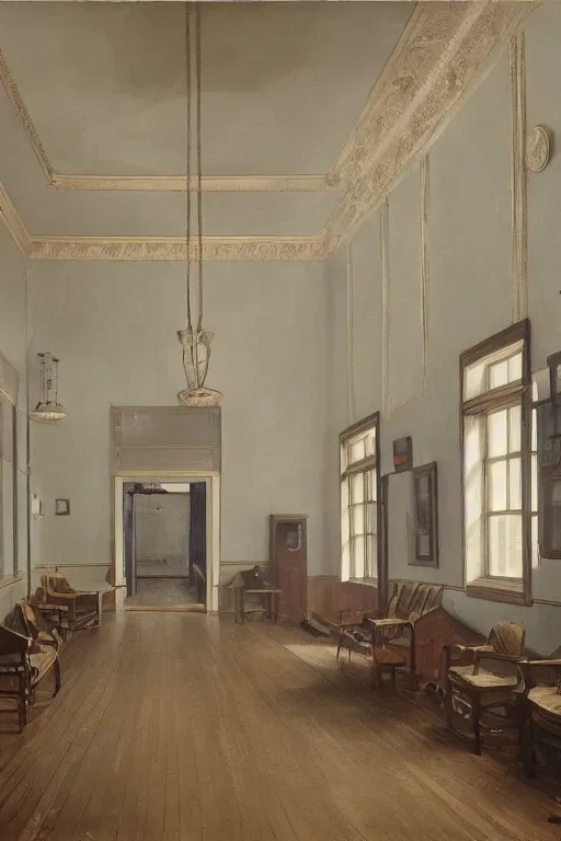 Prompt: victorian clinic interior, clean, matte painting, by Isaac Levitan and Asher Brown Durand