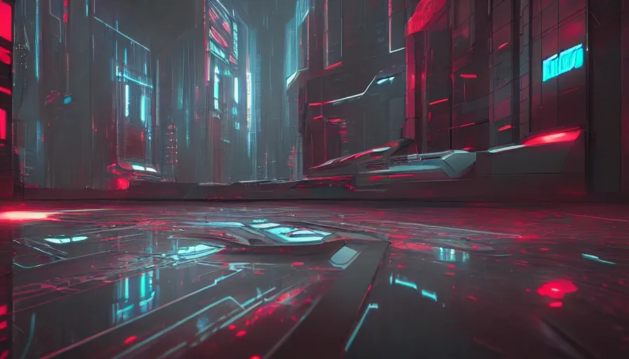 Image similar to concept art of a futuristic dark cyberpunk distopia with reflections, rendering in octane and redshift