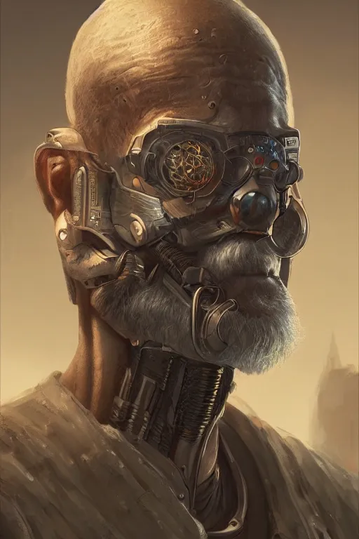 Prompt: ultrarealistic illustration old man cyborg, cyberpunk, sci - fi fantasy, intricate, elegant, highly detailed, digital painting, artstation, concept art