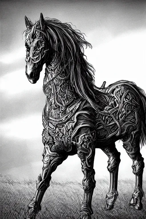 Image similar to horse in a field, symmetrical, highly detailed, digital art, sharp focus, trending on art station, kentaro miura manga art style