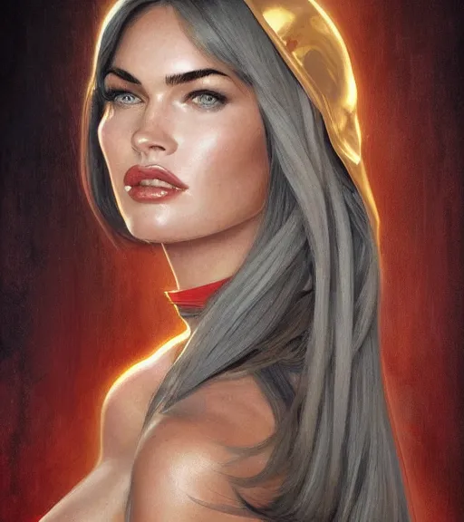 Image similar to a megan fox wearing a golden dress, grey hair, red necktie, cinematic, stunning, highly detailed, digital painting, artstation, smooth, hard focus, full body shot, illustration, art by artgerm and greg rutkowski and alphonse mucha