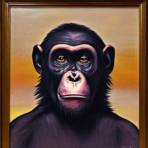 Image similar to portre of an autistic demonic chimpanzee on acid, masonic and kabalistic symbols in background, oil painting