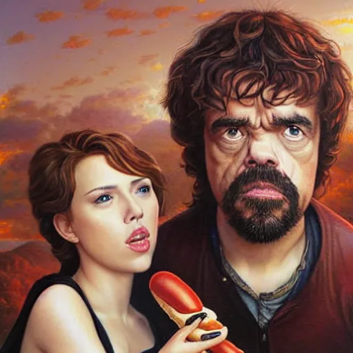 Image similar to portrait of peter dinklage sharing hotdogs with scarlett johansson, an oil painting by ross tran and thomas kincade w 7 6 8