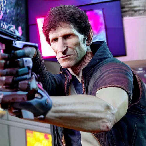 Image similar to todd howard pointing a gun towards the camera and forcing you to buy skyrim, threatening, sharp, cinematic, colorful, digital, neon, bright