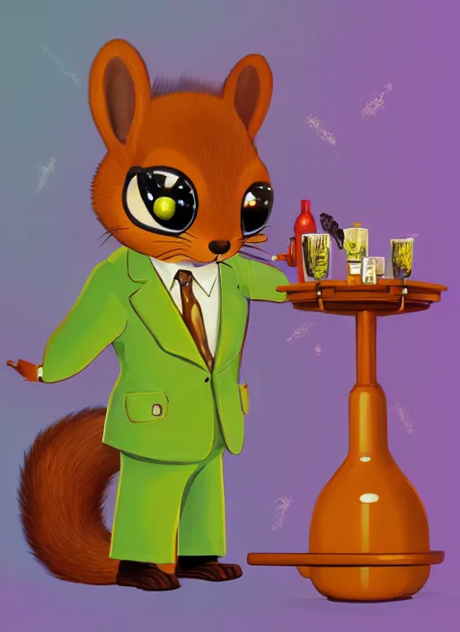 Prompt: squirrel anthro as a dapper bartender with a big fluffy tail, retro futurism, art deco, detailed painterly digital art by Richard Scarry, 🐿🍸🍋, furaffinity, trending on artstation