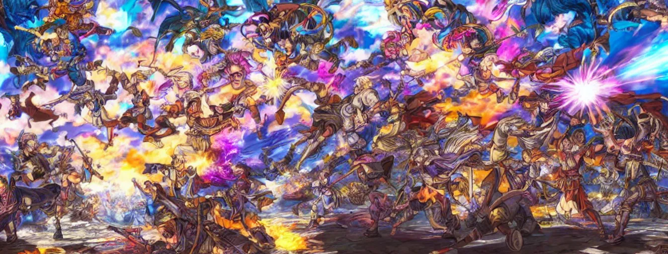 Prompt: colorful souls fighting on a battlefield with spirit power flying around. hyperrealistic anime background illustration by kim jung gi, colorful, extremely detailed intricate linework, smooth, super sharp focus, bright colors, high contrast, matte, octopath traveler, unreal engine 5 highly rendered, global illumination, radiant light