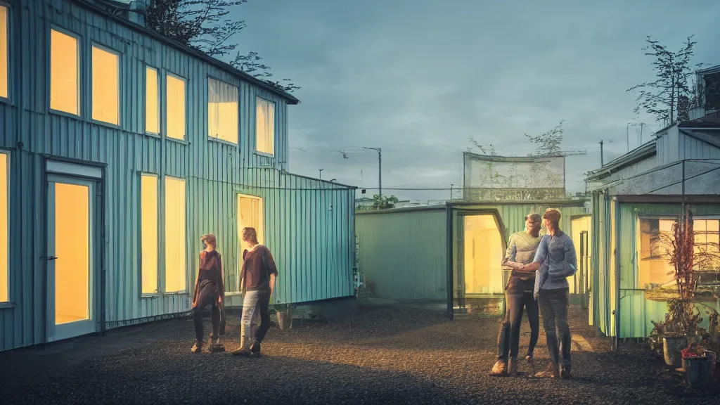 Image similar to a couple, green house, quiet street, reykjavik, sunset lighting, rim light, hyper realistic, cinematic frame