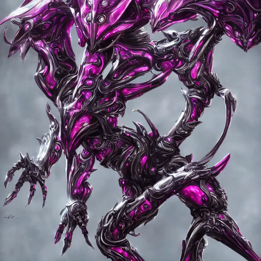 Image similar to highly detailed exquisite fanart, of a beautiful female warframe, but as an anthropomorphic elegant robot dragon, shiny white silver plated armor engraved, robot dragon head, Fuchsia skin beneath the armor, sharp claws, long tail, robot dragon hands and feet, two arms and legs, elegant pose, close-up shot, full body shot, epic cinematic shot, professional digital art, high end digital art, singular, realistic, DeviantArt, artstation, Furaffinity, 8k HD render, epic lighting, depth of field