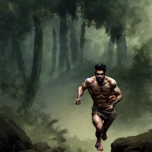 Prompt: A beautiful pakistani man running in the forest by Frank Frazetta, Greg Rutkowski, Boris Vallejo, epic fantasy character art, Exquisite detail, post-processing, low angle, masterpiece, cinematic