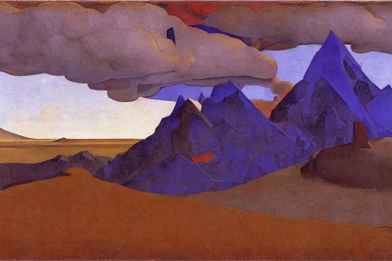 Image similar to A desertic mountain battlefield, dawn, cloudy by Nicholas Roerich, by Georgia o Keeffe, by Gustave Moreau