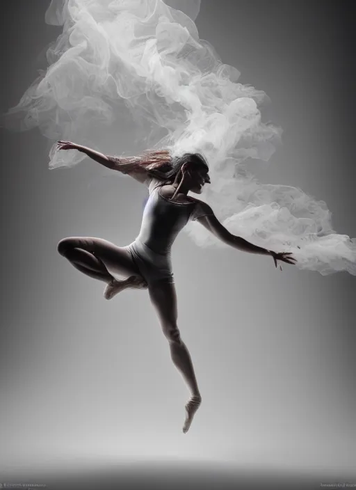 Image similar to a Photorealistic dramatic hyperrealistic render of a beautiful Female smoke dancer by Ken Brower and Deborah Ory of NYC Dance project,Lois Greenfield,Flowing cloth and smoke,Beautiful dynamic dramatic dark moody lighting,volumetric,shadows,cinematic atmosphere,Octane render,8K