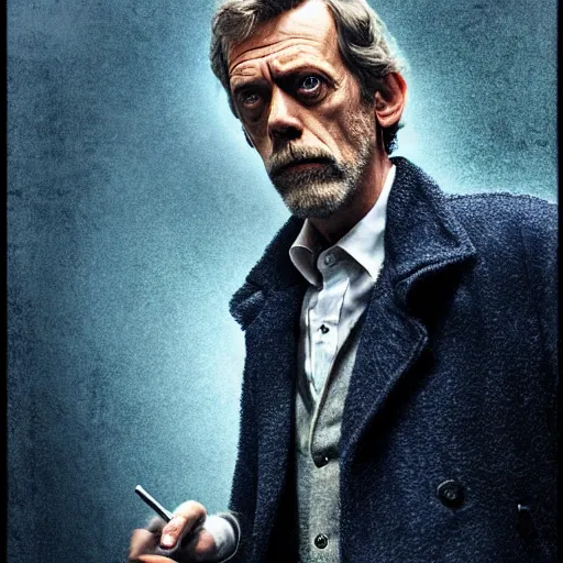 Prompt: hugh laurie as a rough dirty old man with a scruffy beard in a dark blue trenchcoat as the new doctor who, cinematic, volumetric lighting, f 8 aperture, cinematic eastman 5 3 8 4 film, photorealistic by greg rutkowski, by stanley artgerm, by alphonse mucha