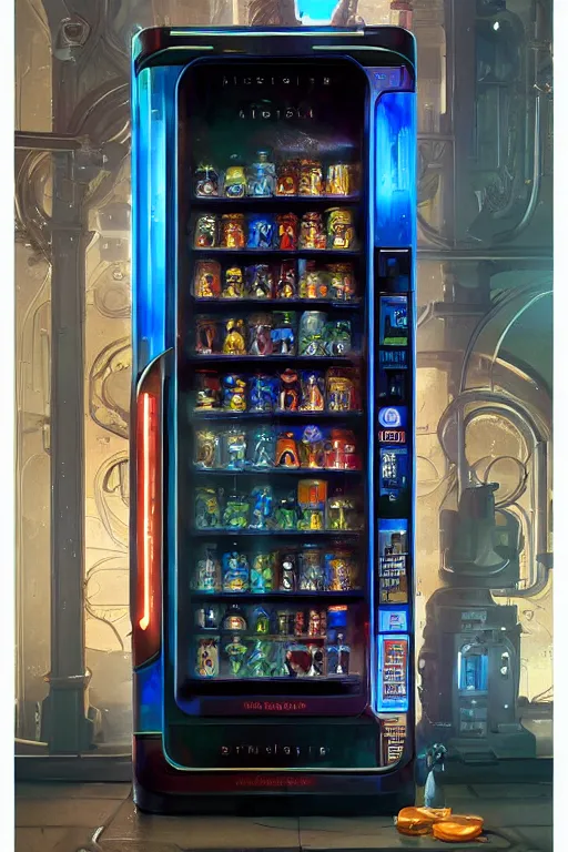 Image similar to futuristic vending machine with magic potions inside, highly detailed, 8k, rim lighting, digital painting, artstation , concept art, sharp focus, illustration, art by greg rutkowski and alphonse mucha