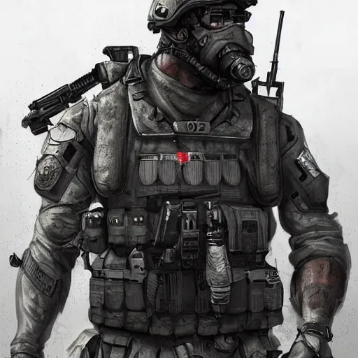 Prompt: Shellshocked Mercenary Special Forces soldier in grey uniform with black armored vest in 2020, by Cedric Peyravernay, highly detailed, excellent composition, cinematic concept art, dramatic lighting, trending on ArtStation