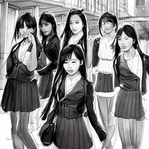 Image similar to a perfect, realistic professional digital sketch of a Japanese schoolgirls posing in a sci-fi alleyway, style of Marvel, full length, by pen and watercolor, by a professional American senior artist on ArtStation, a high-quality hollywood-style sketch, on high-quality paper