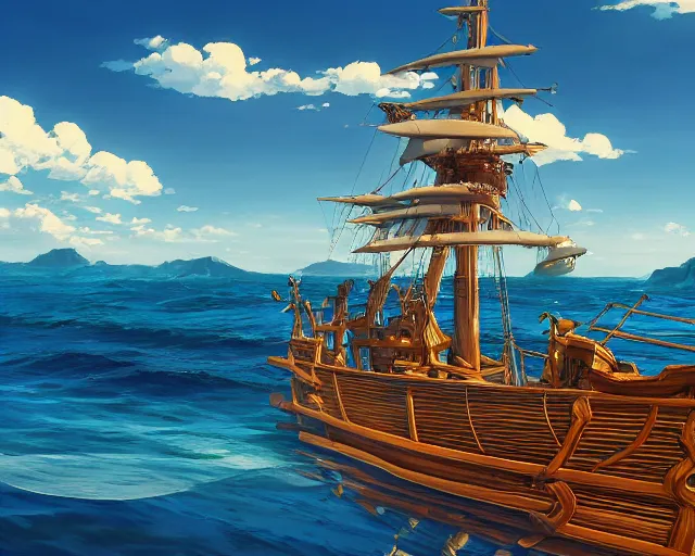 Image similar to a pirate ship on the blue seas, clear, sunny day, beautiful, ripples, waves, reflections on the water, no land, sea, blue sea, anime, wide shot. By Makoto Shinkai, Stanley Artgerm Lau, WLOP, Rossdraws, James Jean, Andrei Riabovitchev, Marc Simonetti, krenz cushart, Sakimichan, D&D trending on ArtStation, digital art.