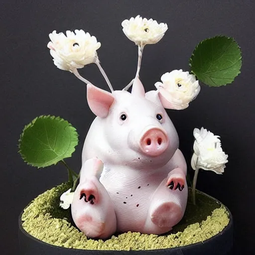 Prompt: “pig sculpture, mixed materials, pork, ikebana white flowers, white wax dripping”