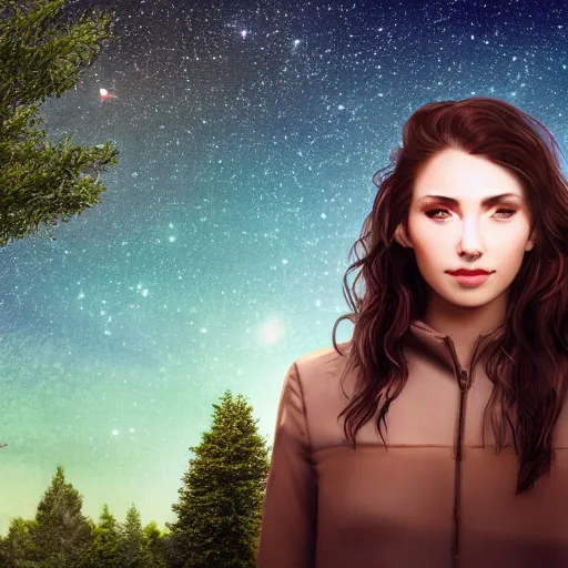 Prompt: an hd photo of a young woman with short wavy brown hair and green eyes, beautiful trees in the background, night sky with stars and galaxies, trending on artstation