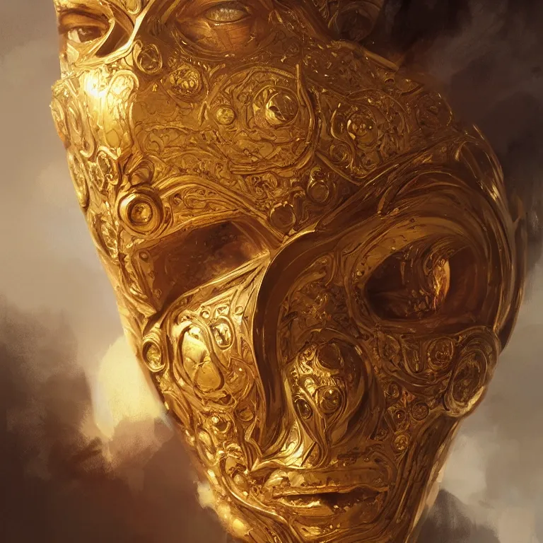 Image similar to portrait of a golden mask with three faces, D&D, fantasy, highly detailed, digital painting, artstation, smooth, sharp focus, illustration, art by artgerm and greg rutkowski and alphonse mucha