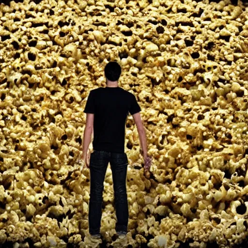 Prompt: man stands on a meadow made of popcorn, fantasy art