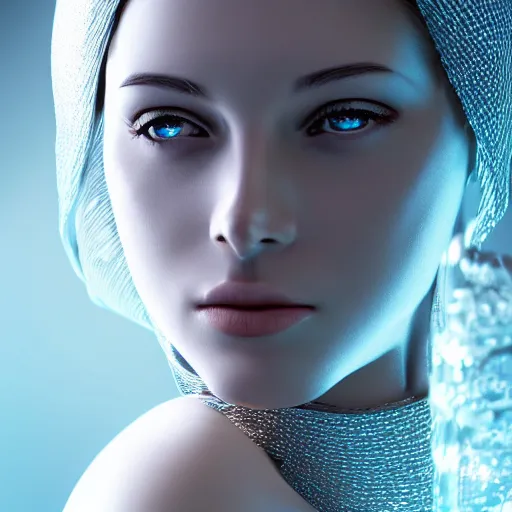 Prompt: a highly detailed digital image of a futuristic woman elegantly wrapped with silver leaves and blue ice cubes, by Andrea Chiampo, artstation and Frederik Heyman, extremely detailed woman, stunning volumetric lighting, hyper realism, fantasy 4k