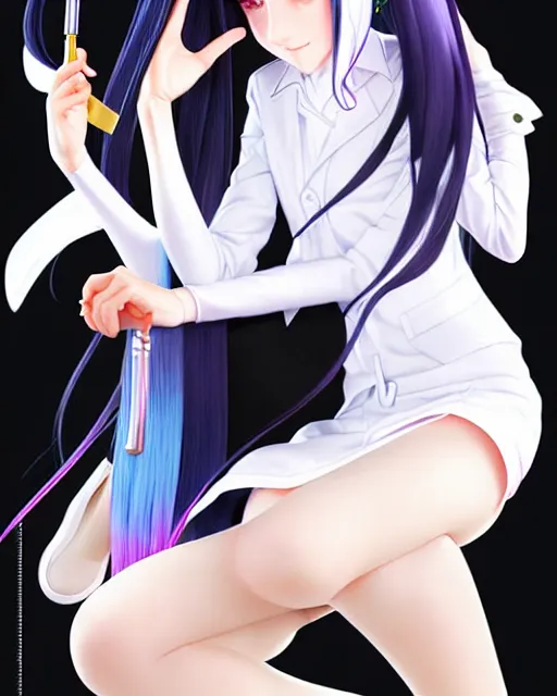 Image similar to depicting a wealthy young mischievous female stoner prep school student with medium length silky straight iridescent black hair and pale skin, illustrated by Artgerm and Range Murata.