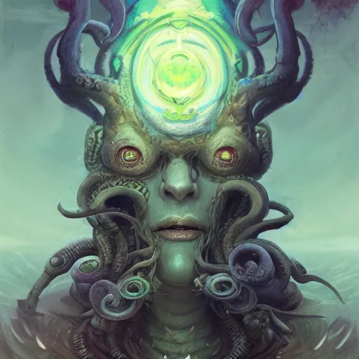 Image similar to portrait of Cthulu, cby pete mohrbacher and seb mckinnon and beksinski and josan gonzales, digital art, highly detailed, intricate, sci-fi, sharp focus, Trending on Artstation HQ, deviantart, unreal engine 5, 4K UHD image