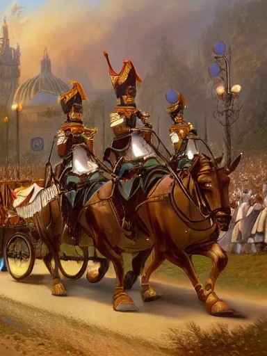 Prompt: a noble charriot in a parade. intricate, elegant, highly detailed, digital painting, artstation, concept art, sharp focus, illustration, by justin gerard and artgerm, 8 k