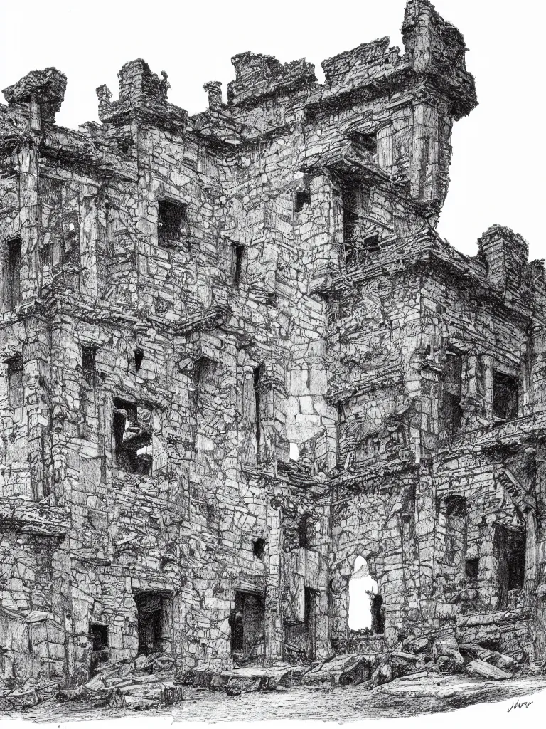 Image similar to A pen drawing of a dilapidated ancient castle building in the wood, by Juan Francisco Casas, high detailed