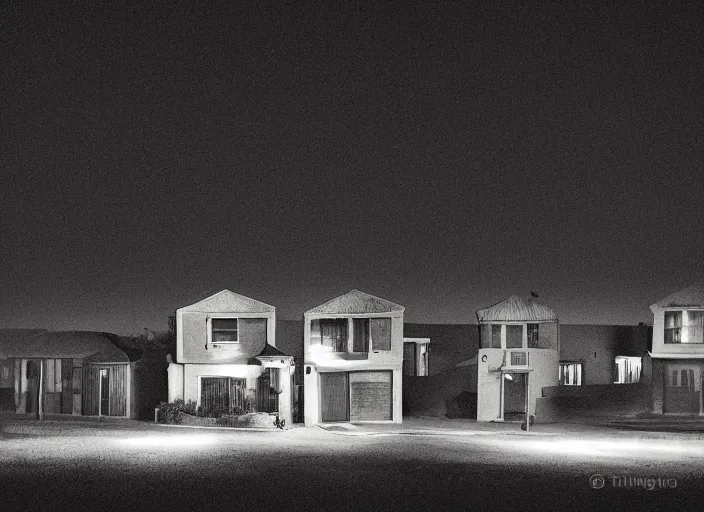 Prompt: small suburban houses in South Africa at night inspired by Edward Hopper, Photographic stills, photography, fantasy, moody lighting, dark mood, imagination, cinematic